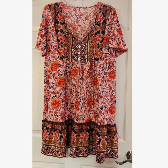 Floral Print Pink Red Flowy Loose Fitting Short Sleeve Mini Dress Neck Ties - Picture 14 of 16